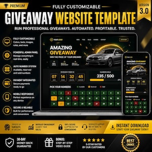 Op de afbeelding: Een website sjabloon voor weggeefacties, weergegeven op een laptop en smartphone. Het ontwerp bevat een autografiek, een countdown timer en een nummer selectie interface. Tekst bevat "Amazing Giveaway" en "Instant Download".