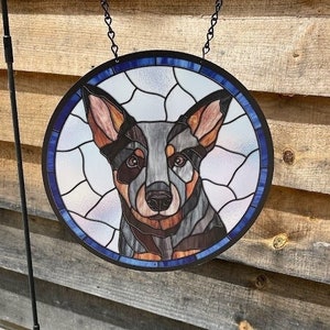 Blue Heeler Faux Stained Glass Sign - Blue Heeler Dog Garden Flag -  Farm Cattle Dog Decorations - Dog Rearview Mirror Charm - Pet Memorial