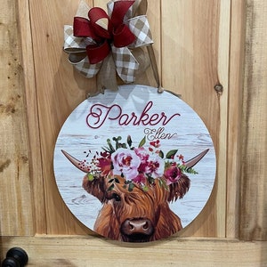 Floral Highland Cow Baby Girl Personalized Gift - Flower Cow Girls Room Decor - Rustic Girls Name Sign - Watercolor Calf Floral Sign Custom