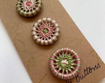 Pink and Green Printemps One Inch Buttons Knit Crochet Journal Closure -- Set of 3