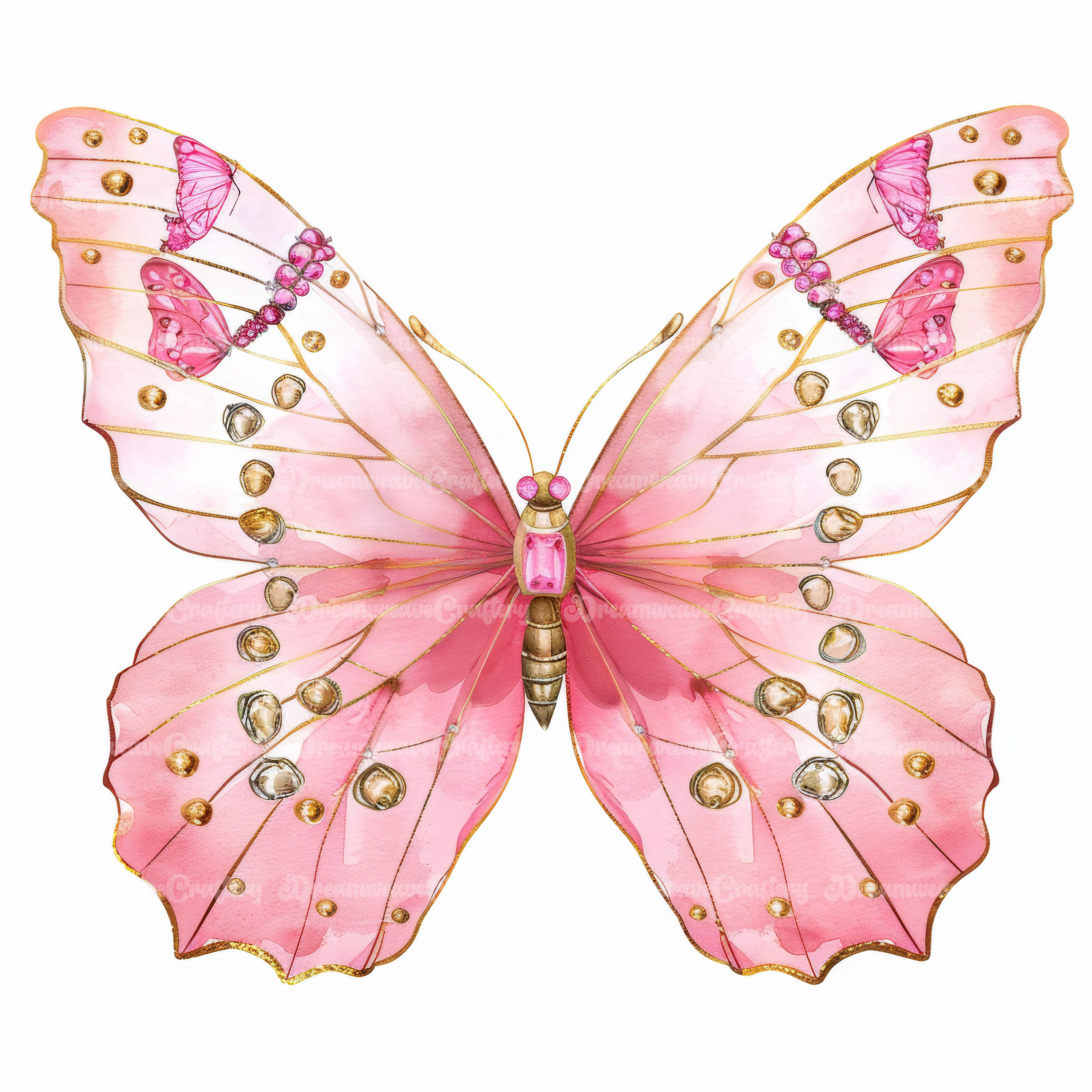 10 Beautiful Jeweled Pink Golden Butterfly Watercolor Art Printable ...