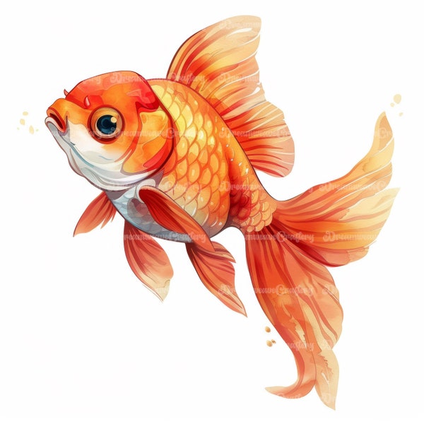 10 Cute Cartoon Goldfish Marine Animal Watercolor Art Printable High Quality JPG Papercraft Junk Journal Scrapbooking Digital Download