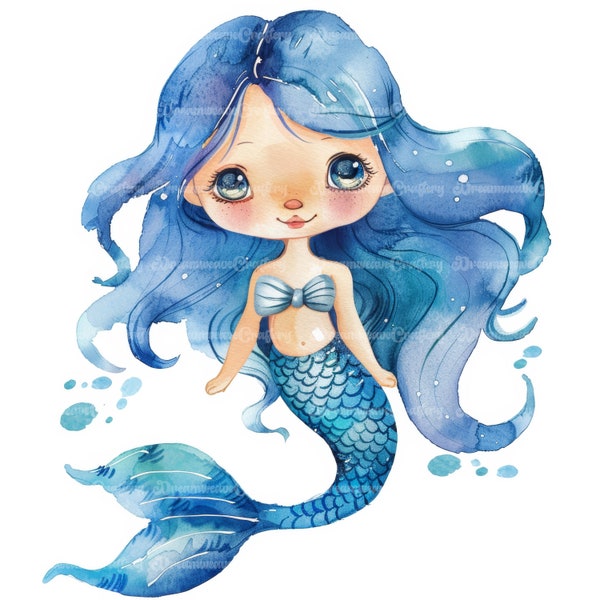 10 Cute Cartoon Blue Mermaid Fantasy Being Watercolor Art Printable High Quality JPG Papercraft Junk Journal Scrapbooking Digital Download