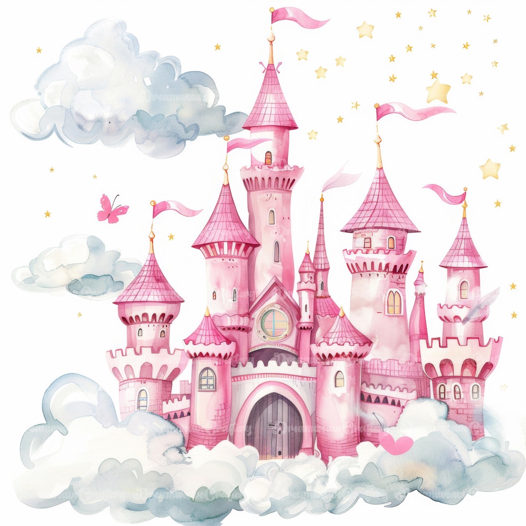 10 Beautiful Cartoon Princess Castle Fantasy Watercolor Art Printable ...