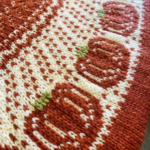 May include: Close-up of a knitted fabric with a brown, white, and green pattern. The fabric has a textured surface and a repeating design.