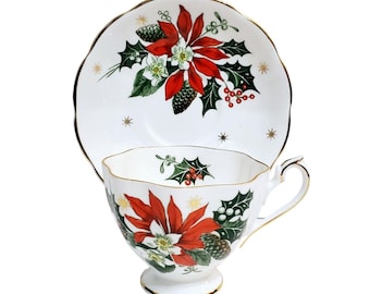 Queen Anne Noel Tea Cup Saucer Poinsettia Holly Christmas Rose Vintage