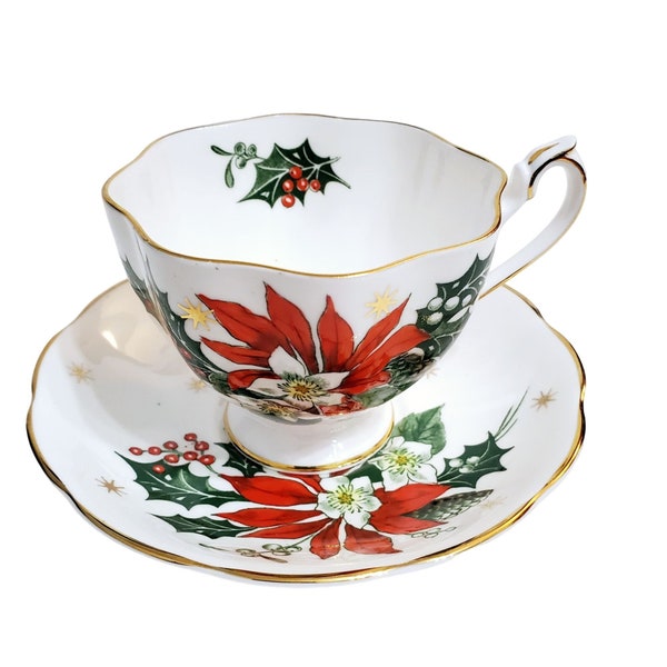 Vintage Queen Anne Noel Tea Cup Saucer Poinsettia Holly Christmas Rose