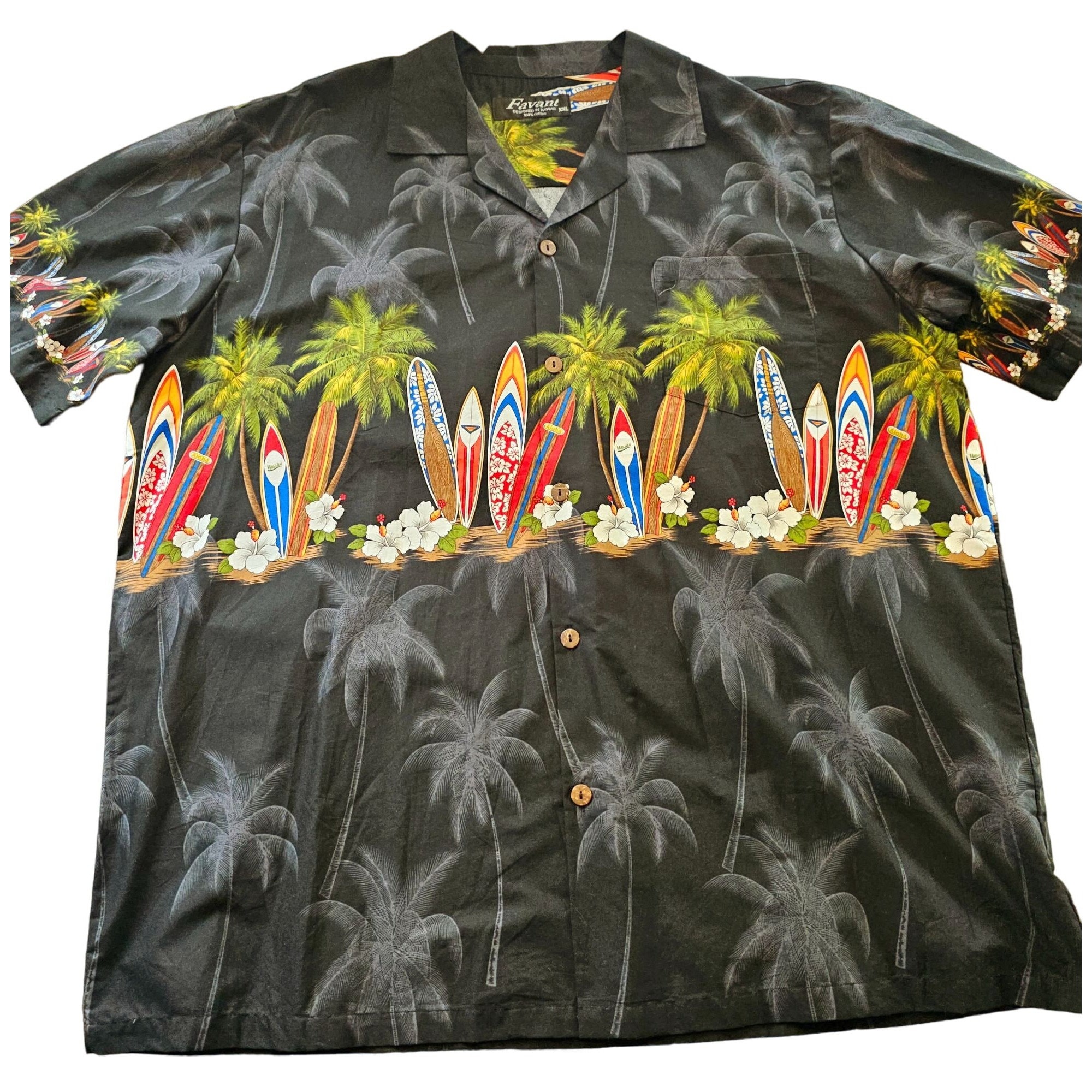 Vintage Favant Cotton Hawaiian Shirt Black Men's XXL Surf Boards Palm Trees