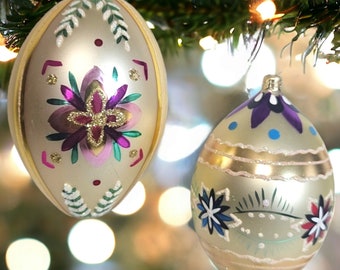 Large Egg Shaped Ornaments Pair Hand Painted Vintage Blown Glass Floral Design Gold Trim