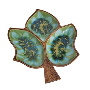 Vintage Treasure Craft Hawaii 3 Section Divided Leaf Dish Green Teal Drip Glaze