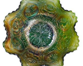 Fenton Ruffled Dragon Lotus Spatula Foot Green Carnival Glass 8" Bowl Vintage READ