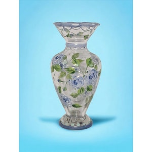 Tracy Porter Hand Painted Glass Vase Blue Floral  Ruffled Top Edge 8&quot; Tall