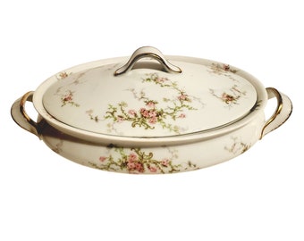 Antique Theodore Haviland Limoges China Oval Covered Serving Bowl Pink Floral
