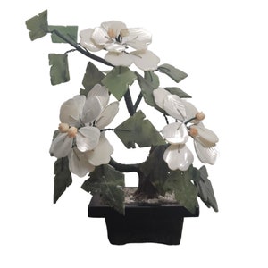 Vintage Chinese Carved Jade Flowering Bonsai Semi-Precious Stones Jade Pot image 5