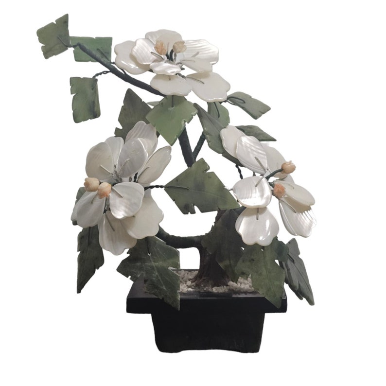 Vintage Chinese Carved Jade Flowering Bonsai Semi-Precious Stones Jade Pot image 5