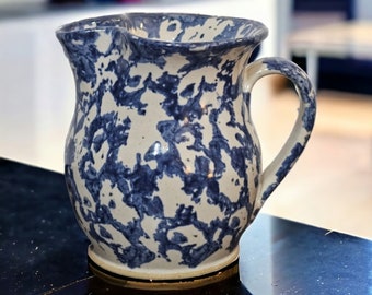 Conner Prairie Pottery Indiana Blue Spongeware Small Cream Pitcher Vintage 1991