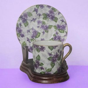Inarco Japan Purple Floral Chintz Violets Demitasse Cup & Saucer Set Vintage