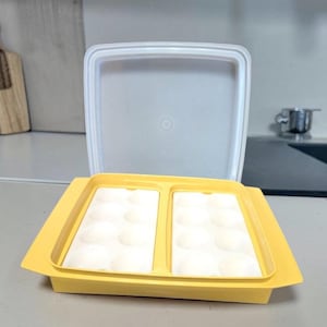 May include: A rectangular yellow plastic egg storage container with a white lid standing upright. The base features two separate sections, each containing eight molded indentations designed to hold individual eggs securely in place.