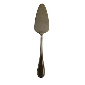 May include: A silver cake server with a long, narrow blade and a rounded handle.