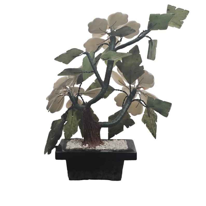 Vintage Chinese Carved Jade Flowering Bonsai Semi-Precious Stones Jade Pot image 3