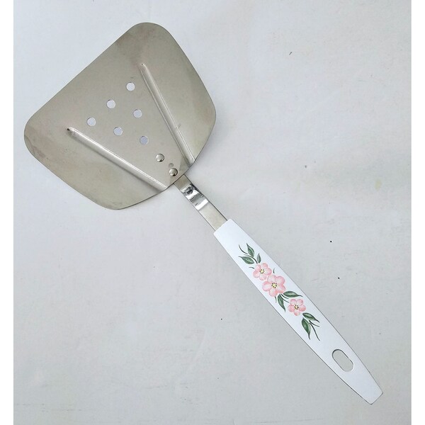Vintage Wide Stainless Steel Spatula Plastic Handle Pink Floral Made In USA