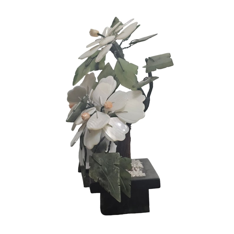 Vintage Chinese Carved Jade Flowering Bonsai Semi-Precious Stones Jade Pot image 2