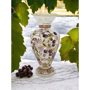 Tracy Porter Hand Painted Glass Vase Purple Grapes Pink Flowers Ruffled Top 6.5&quot;