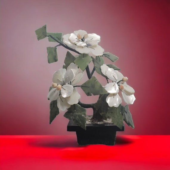 Vintage Chinese Carved Jade Flowering Bonsai Semi-Precious Stones Jade Pot