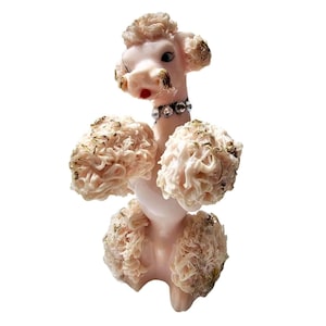 Vintage 1950s Pink Ceramic Spaghetti Poodle Rhinestone Collar Kitsch READ