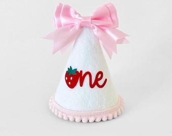 Strawberry bow One birthday party hat, Bery bow hat, Berry 1st birthday, Pink berrry party hat, Girl 1st birthday, Berry 1st birthday hat