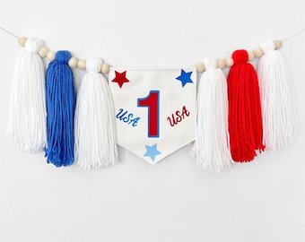 Patriotic 1st birthday Banner, July 4th high chair garland, Little Firecraker Banner, Independence theme birthday banner, 1st birthday