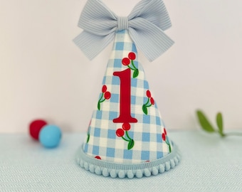 Cherry Bow Birthday Party Hat, Blue Gingham Cherry Crown, Cherry Birthday Celebration, Cherry 1st Birthday Theme Hat