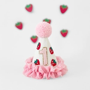Chapéu de festa com babados de morango rosa, chapéu com babados de frutas vermelhas, coroa de aniversário de morango, comemoração de 1º aniversário de frutas vermelhas