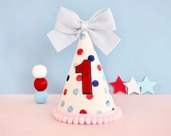 4th of July 1st Birthday Girl Hat, Red White Blue 1st Birthday Party Hat, Patriotic Baby Girl  Hat, Cake Smash Outfit Accessory