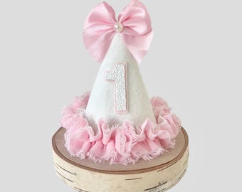 Pink bow ruffle party hat, Girl 1st birthday ruffle hat, Princess hat, Pink bow hat