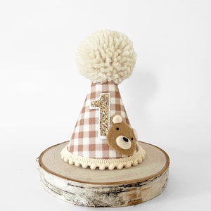 Gingham beige bear 1st birthday party hat, Bear party hat, Bear theme hat, Bear cake smash, Gingham bear party hat, Beary photoshoot