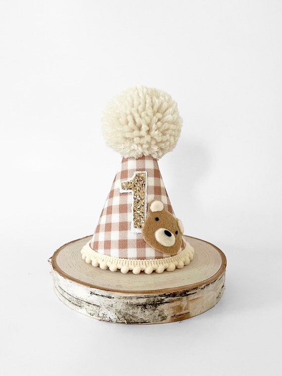 Gingham beige bear 1st birthday party hat, Bear party hat, Bear theme hat, Bear cake smash, Gingham bear party hat, Beary photoshoot