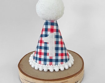 4th of July gingham party hat, Red Blue and White party hat, Gingham hat, Boy 4th of July 1st birthday hat, 4th of July birthday crown