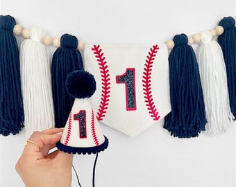 Baseball Birthday Banner and Party Hat Set, Baseball 1st Birthday Decor, Rookie of the Year Highchair Banner, Baseball Smash Cake Hat