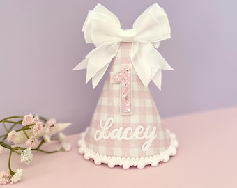 Gorro de fiesta personalizado con lazo de cuadros vichy rosa, Gorro de fiesta con lazo, Gorro de cuadros vichy, Primer cumpleaños