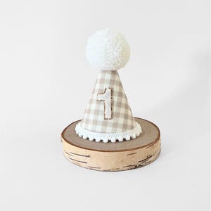 Latte brauner Partyhut zum 1. Geburtstag, Gingham Partyhut, Beige Partyhut, Gingham Stil, Cake Smash Partyhut, jedes Alter