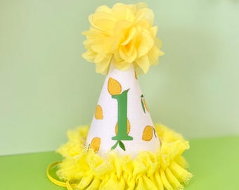 Lemon 1st birthday party hat, Lemon ruffle birthday hat, Lemon 1st birthday celebration, Lemon theme girl crown