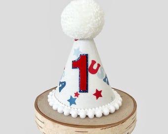Patriotic 1st birthday party hat, July 4th birthday hat, Little Firecraker hat, Independence theme birthday hat, 1st birthday