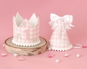 Gingham bow crown/party hat birthday set, 1st birthday, Cake smash, Girl hat