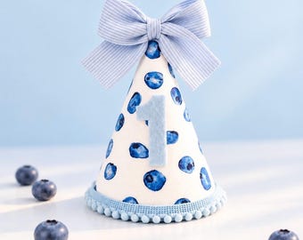 May include: A conical party hat featuring a white base with a blue watercolor blueberry pattern. The hat is topped with a light blue and white striped fabric bow and features a light blue felt number one on the front, finished with a pom-pom trim.