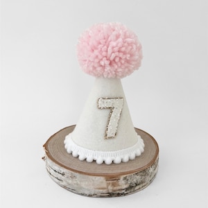 White with pink Pom party hat, 1st birthday hat, Girl birthday hat, Girl cake smash hat, Photoshoot hat