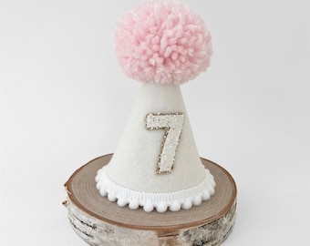 White with pink Pom party hat, 1st birthday hat, Girl birthday hat, Girl cake smash hat, Photoshoot hat