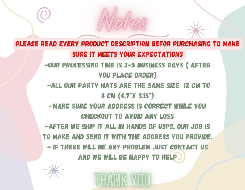 May include: A pastel-colored graphic with the word "Notes" in pink neon. Text includes product details, processing time, and party hat size: 12 cm to 8 cm (4.7" x 3.15"). The image also says "Thank You".