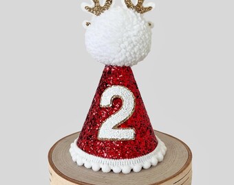 Chapeau de fête pour 1er anniversaire renne rouge, chapeau de fête de Noël, chapeau sur le thème de Noël, 1er Noël, chapeau de fête du nouvel an, anniversaire sur le thème de Noël