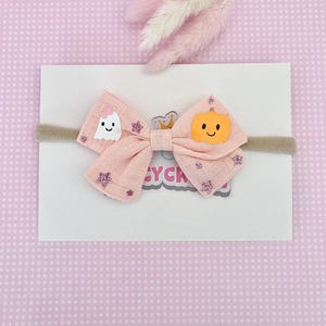 Pink Linen Halloween Bow Headband – Baby Girl Ghost & Pumpkin Hair Bow – Baby Fall Hair Accessory